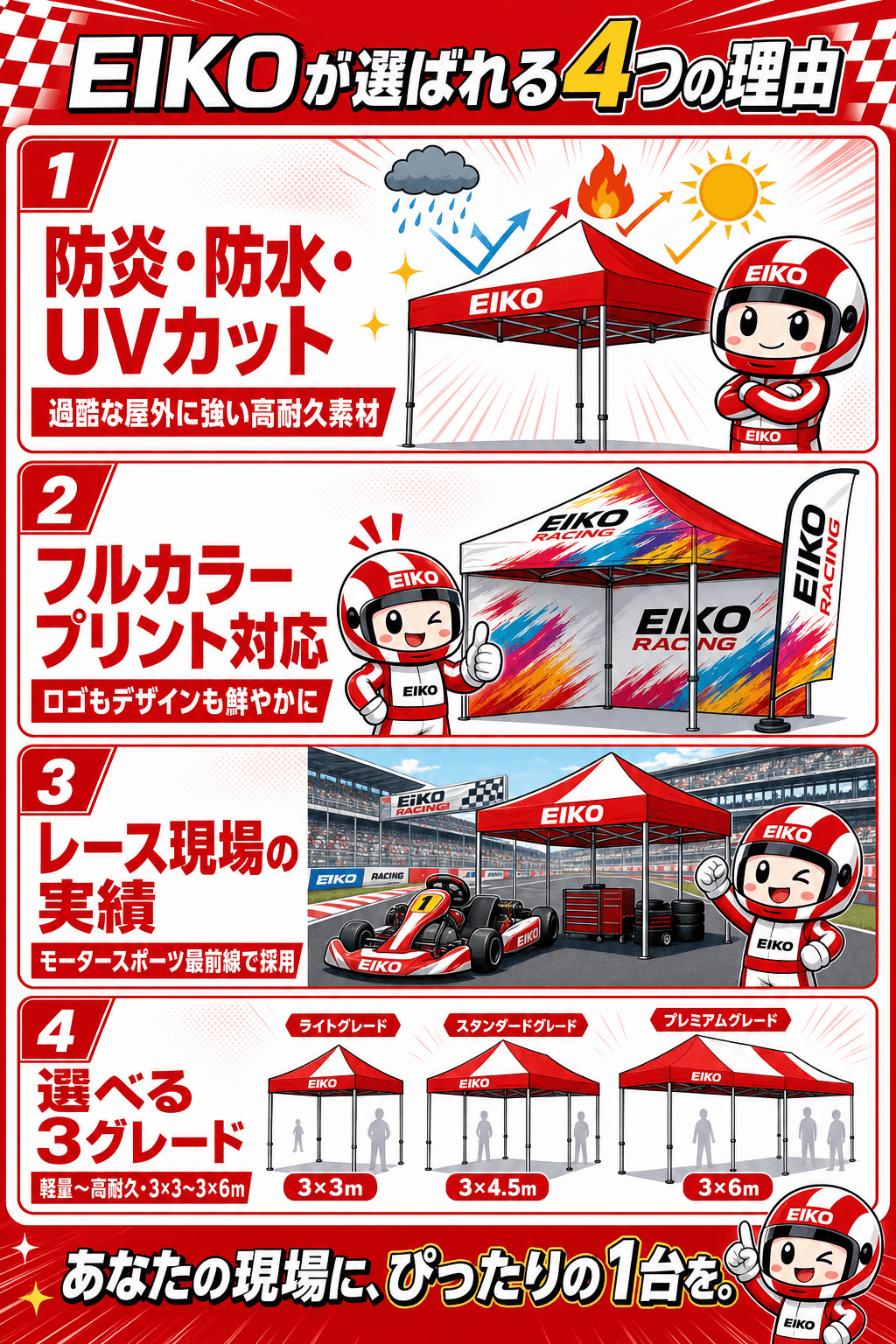 EIKO INSTANT CANOPY の特長:防炎・防水・UVカット、フルカラープリント対応、レース現場の実績、用途で選べる3グレード